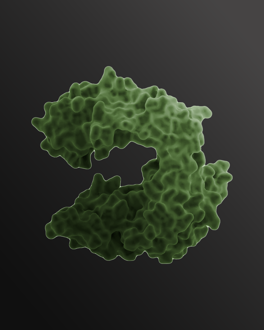 3d Render of a enzyme. The background is a dark grey and the enzyme is colour green.