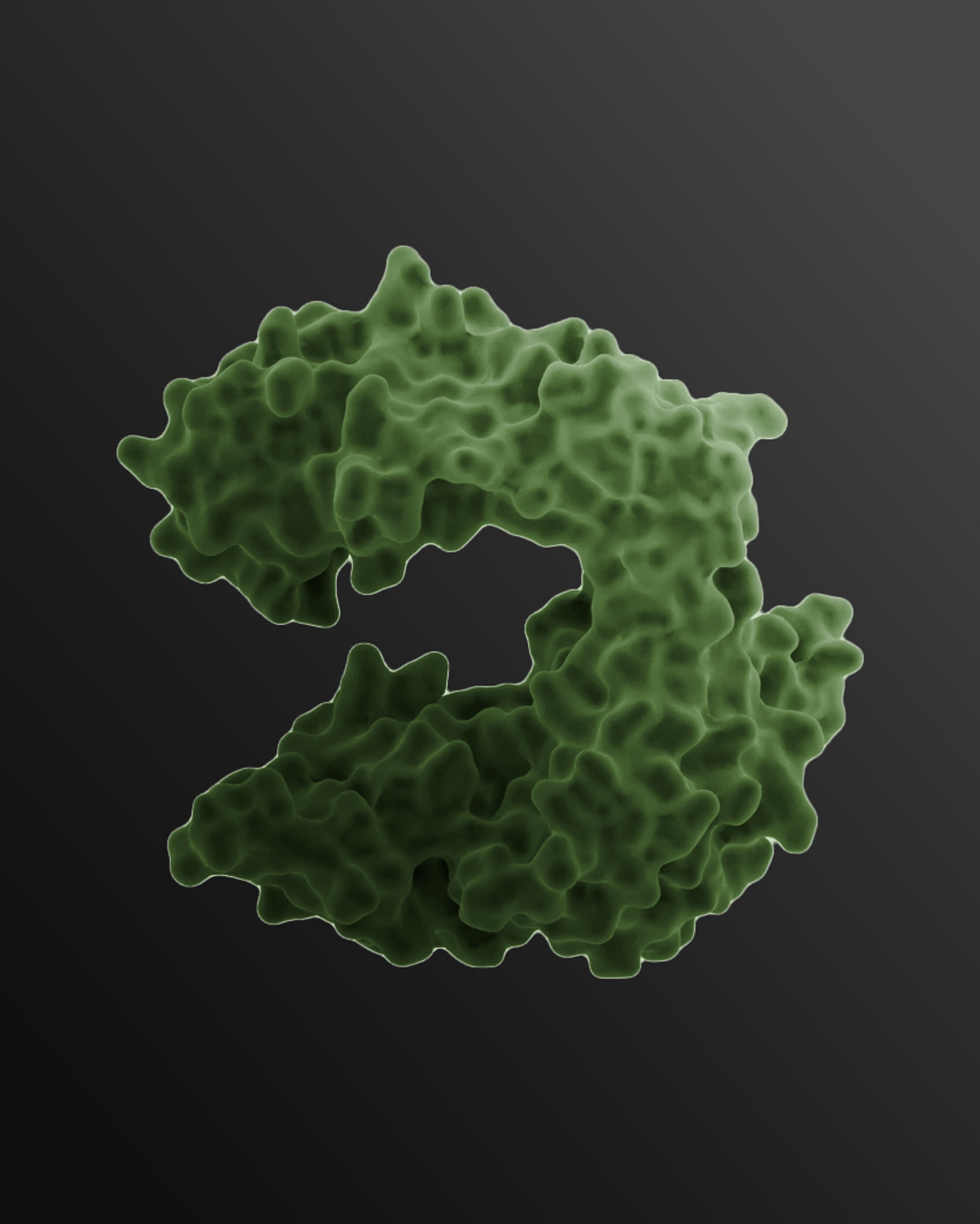 3d Render of a enzyme. The background is a dark grey and the enzyme is colour green.