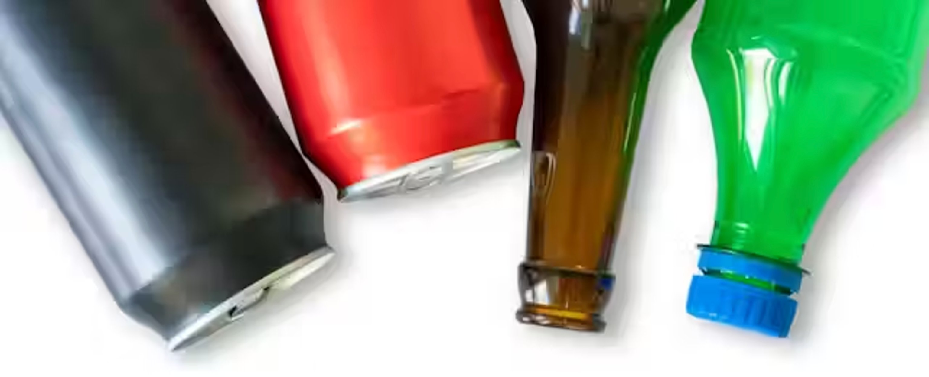 Picture of 2 drinking cans, a glass bottle and a plastic bottle.