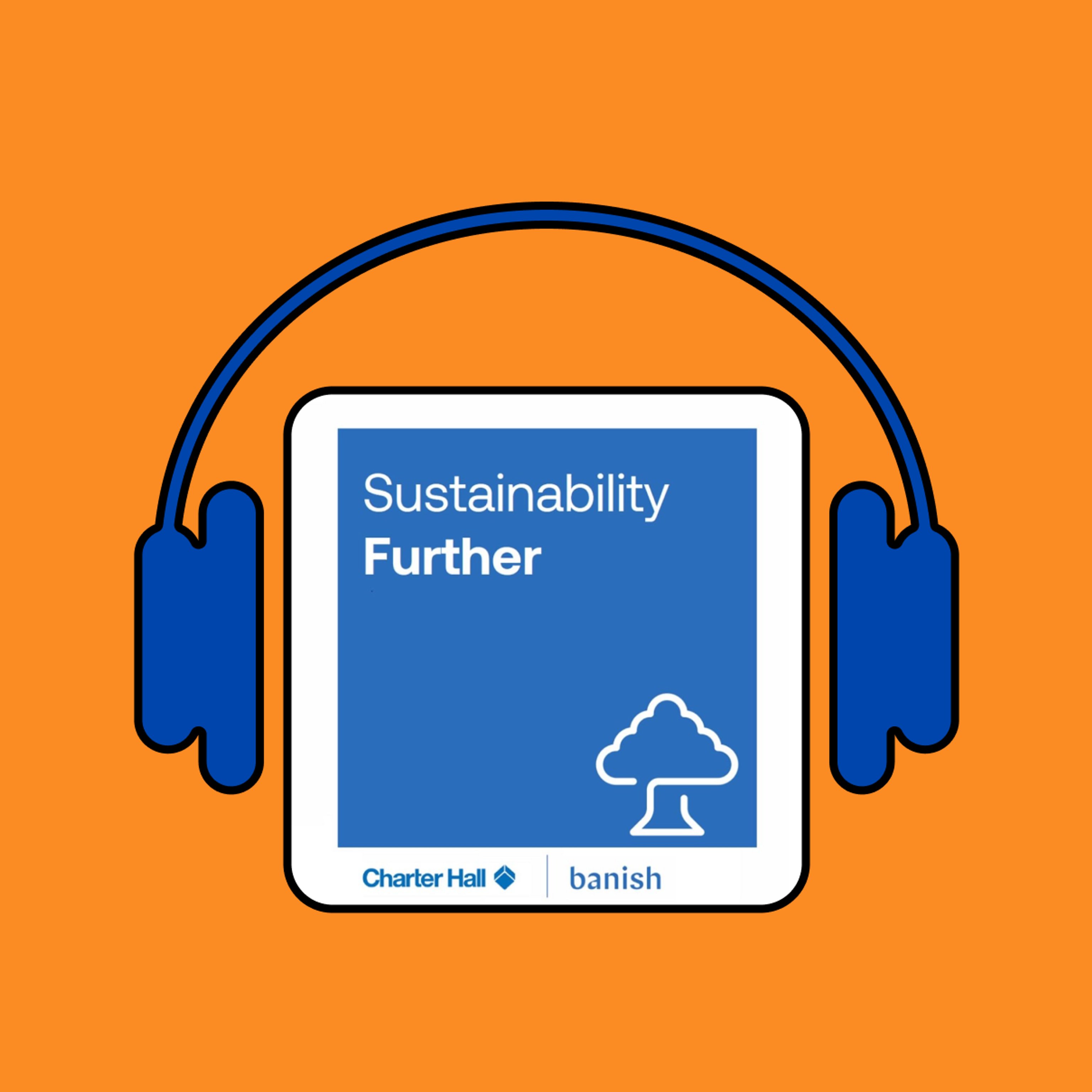 Image of the Sustainability Further podcast logo the an icon of headphones around it