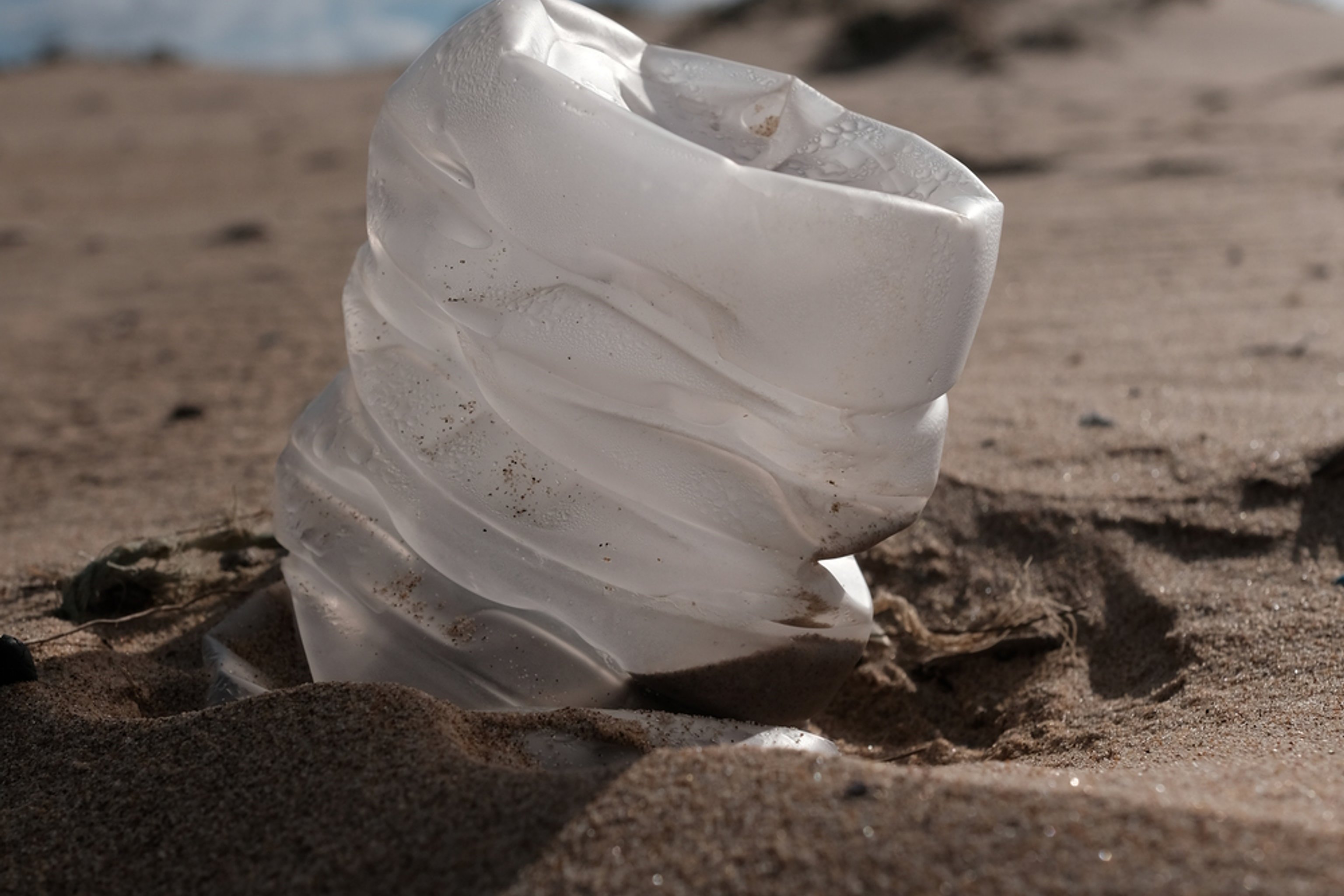 Empty plastic bottle buried in sand.