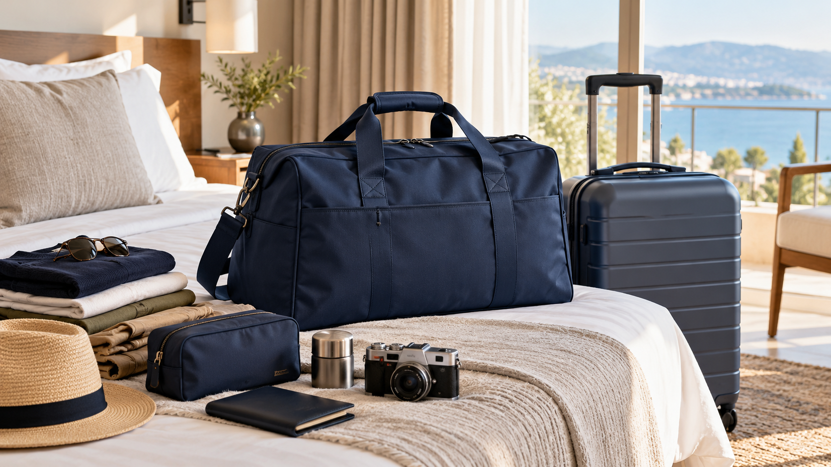 Sac de voyage bleu et valise dans une chambre d’hôtel