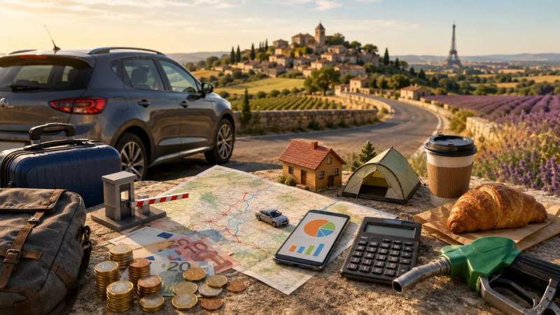 Planification d'un road trip en France : carte routière, budget en euros et hébergements miniatures devant un paysage de vignes et lavande
