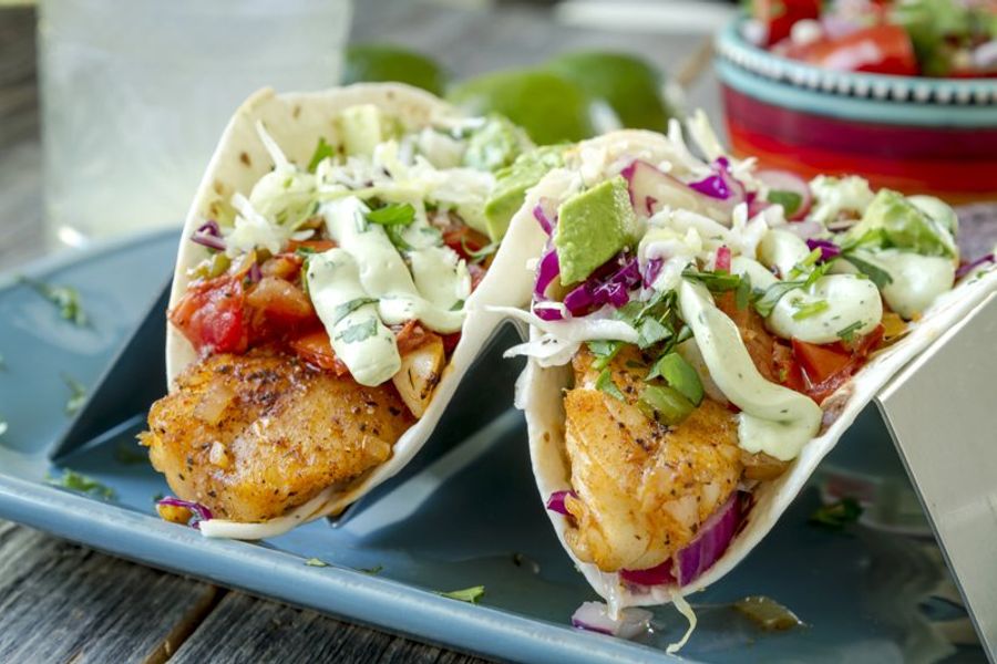 Tacos de poisson appétissants, garnis de légumes frais, d