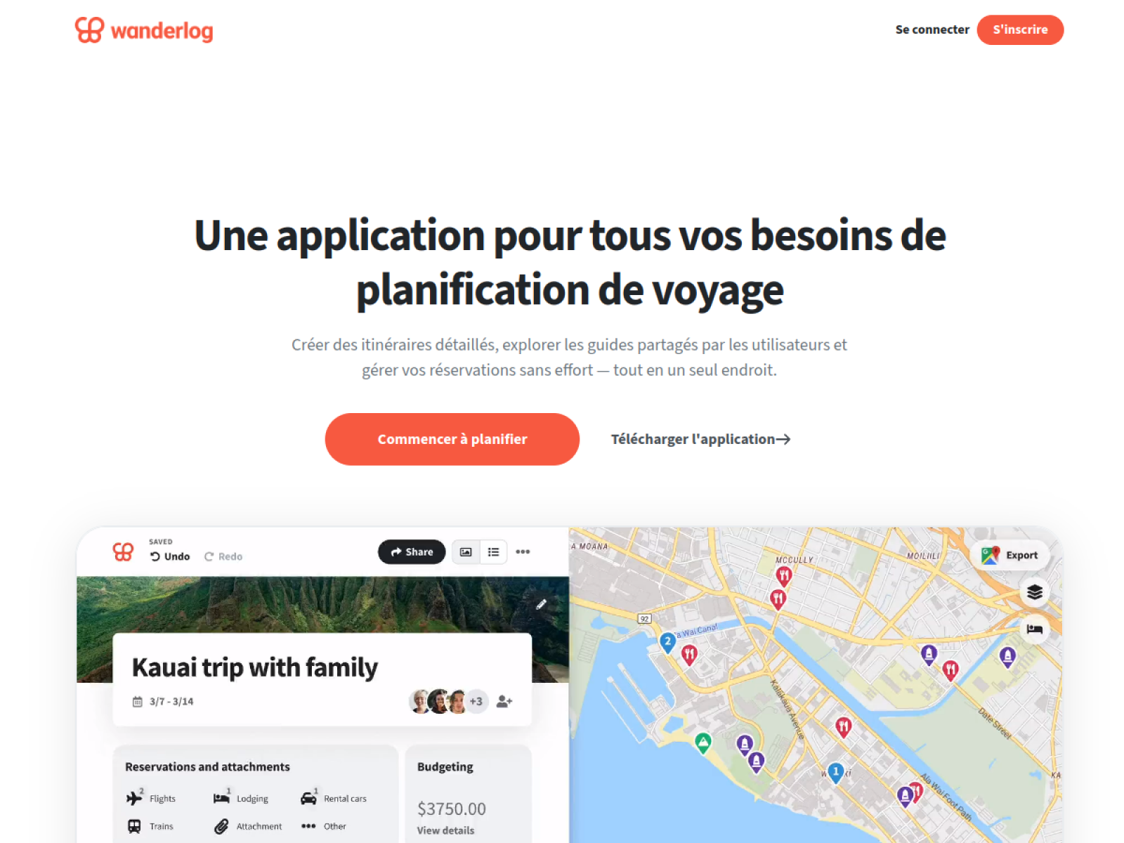 Interface de planification de voyage Wanderlog