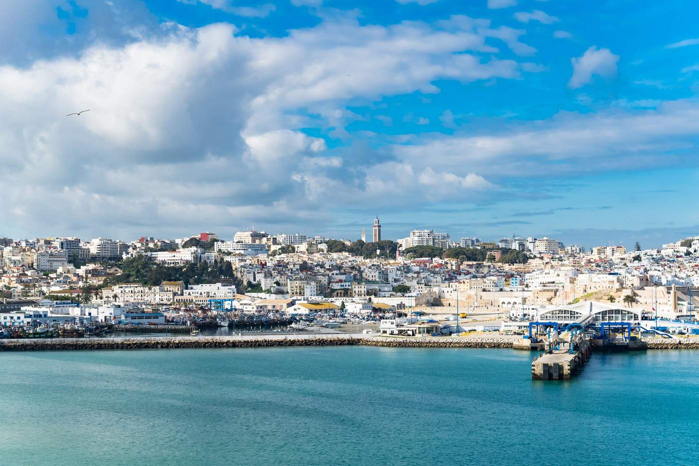 Vue panoramique du port de Tanger au Maroc, avec ses bâtiments blancs typiques, son front de mer et le ciel bleu éclatant en arrière-plan.