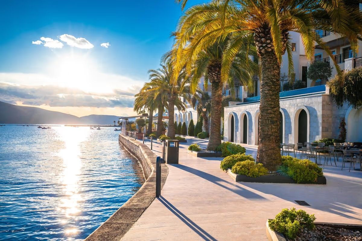 Promenade en bord de mer à Tivat au Monténégro avec palmiers et lumière dorée au coucher du soleil