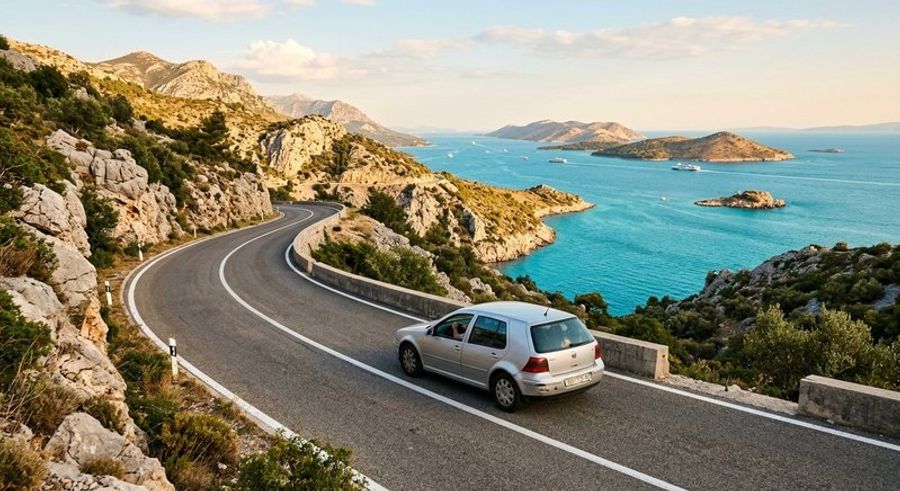 Voiture de location sur une route côtière de Dalmatie avec vue sur la mer Adriatique