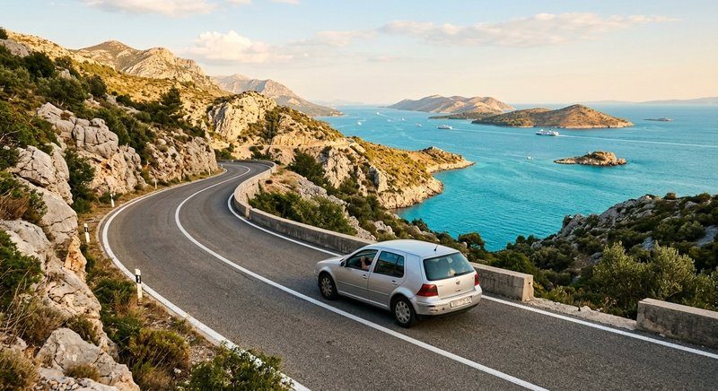 Voiture de location sur une route côtière de Dalmatie avec vue sur la mer Adriatique