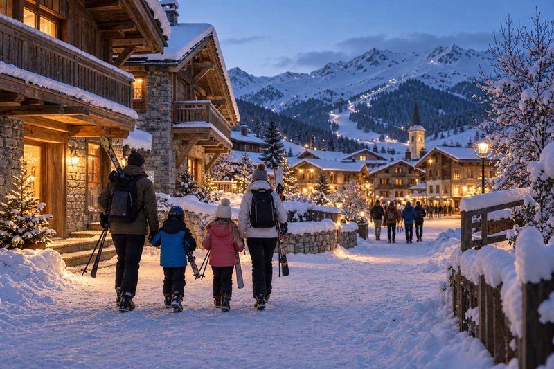 Famille rejoignant sa location de vacances dans une station de ski des Alpes françaises à la tombée du jour.
