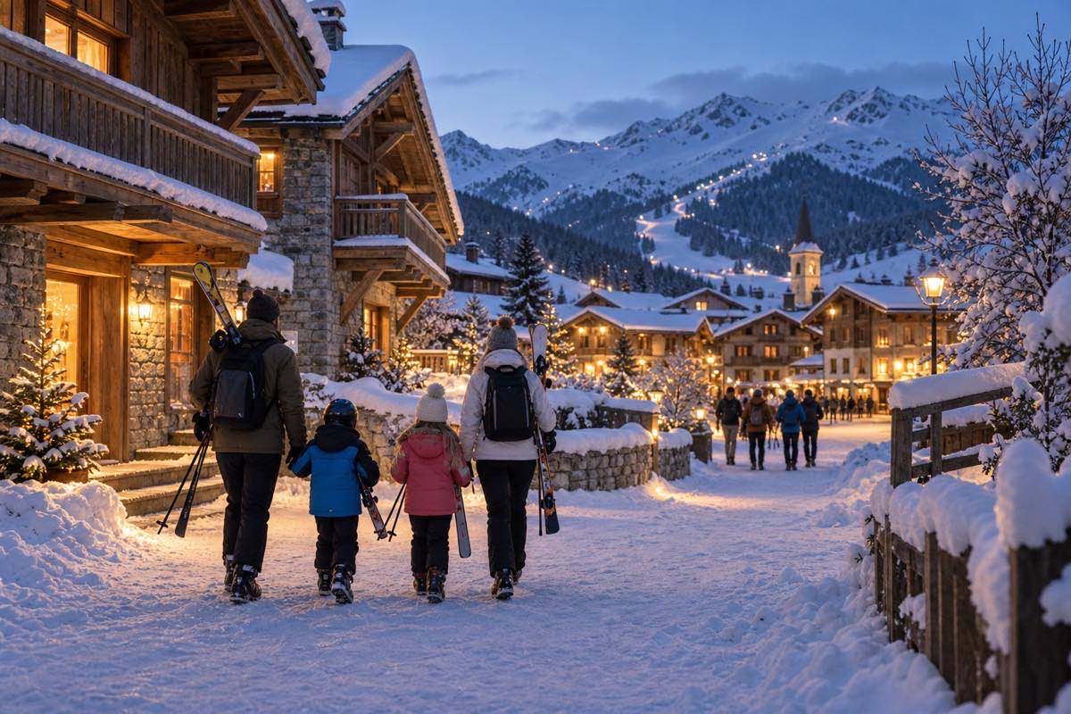Famille rejoignant sa location de vacances dans une station de ski des Alpes françaises à la tombée du jour.