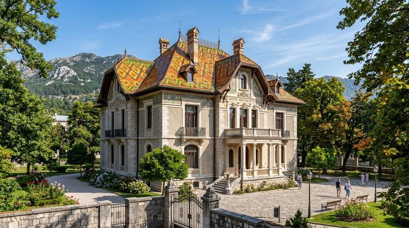 Ancienne ambassade de France à Cetinje, villa Belle Époque entourée de verdure avec les montagnes en arrière-plan