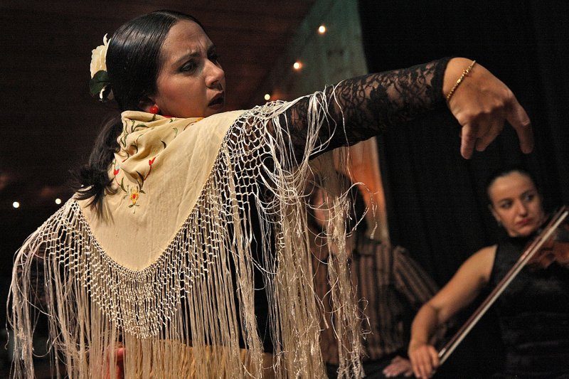 Danseuse de flamenco en pleine performance, vêtue d
