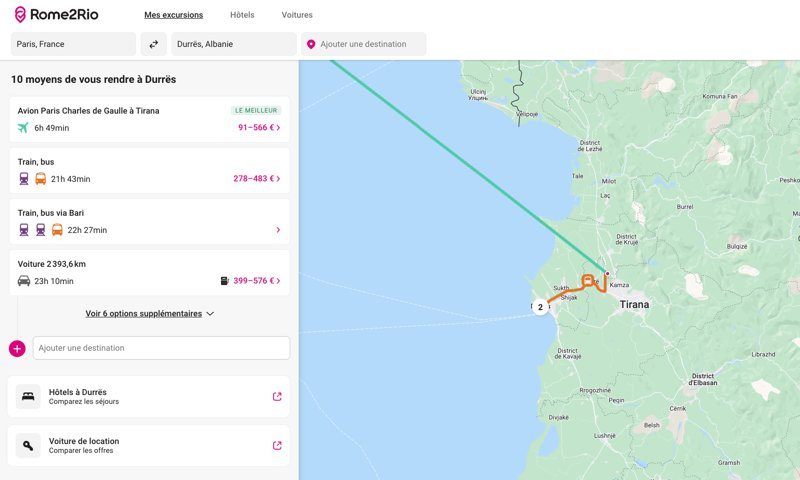 Options de transport pour se rendre à Durrës depuis Paris, avec des informations sur les trajets en avion, train, bus et voiture affichées sur une carte interactive de Rome2Rio.