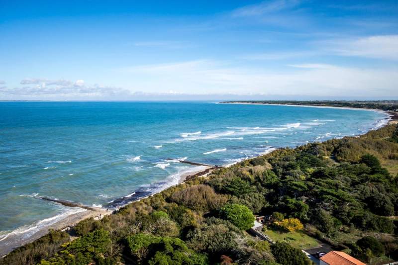  Vue aérienne d’une côte pittoresque sur l’île de Ré, en France, avec une mer bleue et calme bordée de végétation dense et de plages, sous un ciel bleu clair.