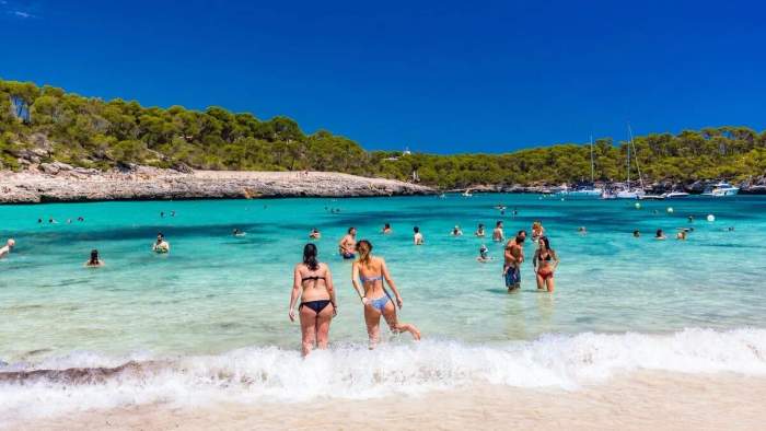 Vacanciers se baignant dans une crique aux eaux turquoise à Majorque, entourée de pins et de voiliers, sous un ciel bleu éclatant.