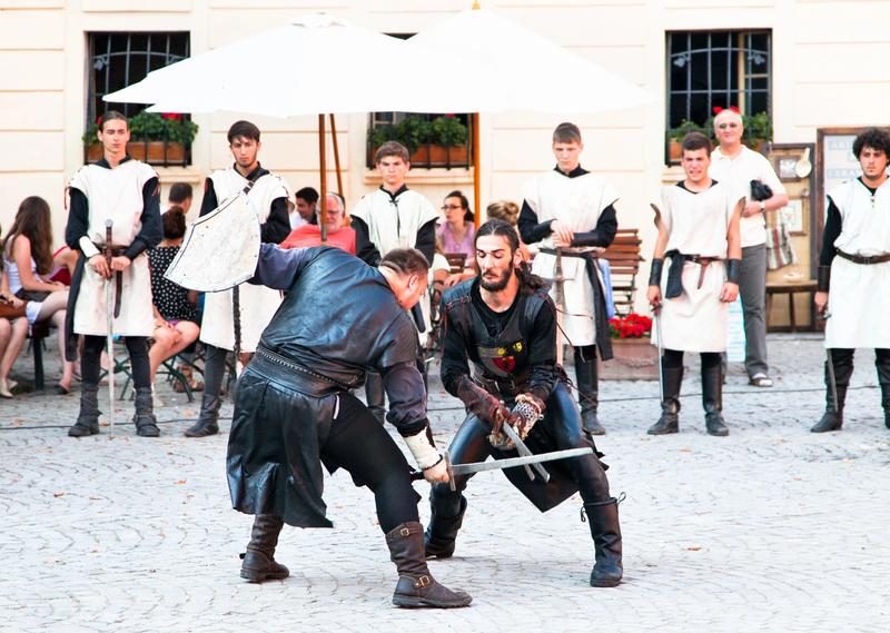 Démonstration de combat médiéval avec des acteurs costumés.