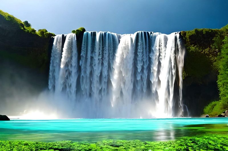 Puissante cascade islandaise se jetant dans une eau turquoise entourée de verdure