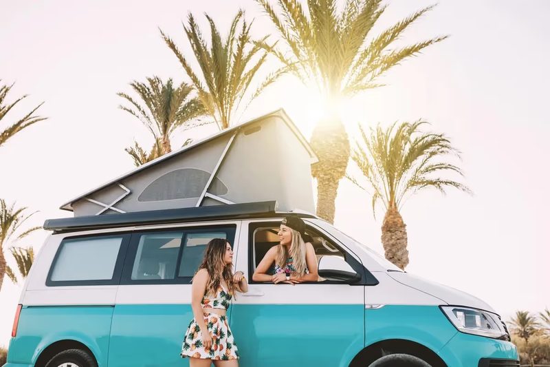 Van aménagé turquoise garé sous des palmiers, symbole de liberté et de voyage au soleil.