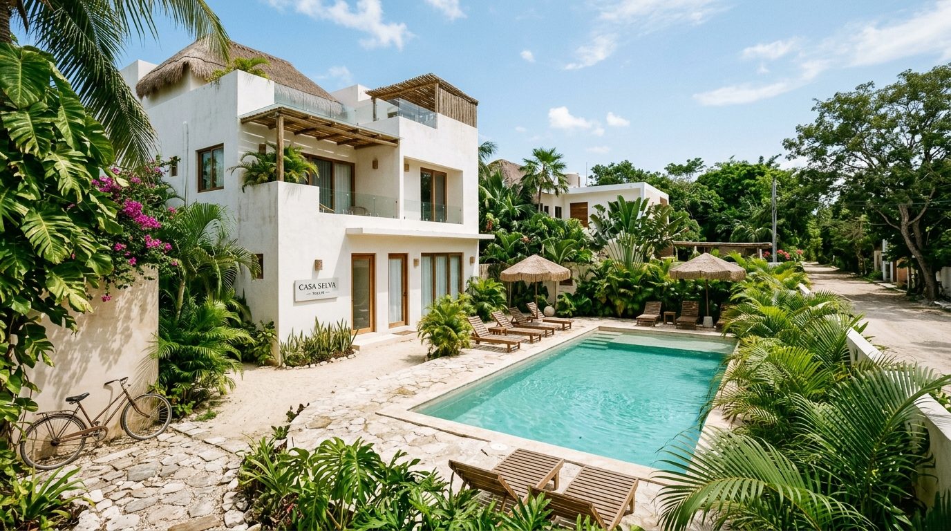 Façade blanche et piscine partagée d'une résidence de charme dans un quartier résidentiel calme et verdoyant de Tulum