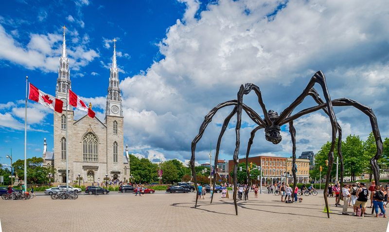  Vue de la cathédrale Notre-Dame avec la sculpture "Maman" à Ottawa.