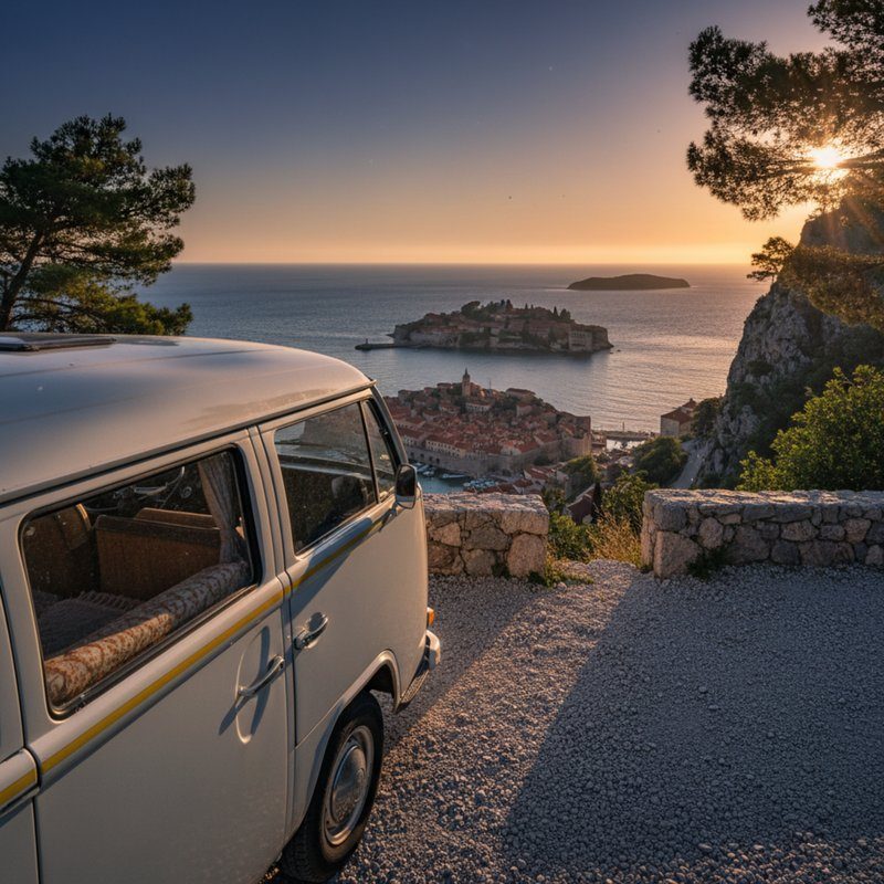 Van en road trip avec vue sur Sveti Stefan et Budva au coucher du soleil au Monténégro