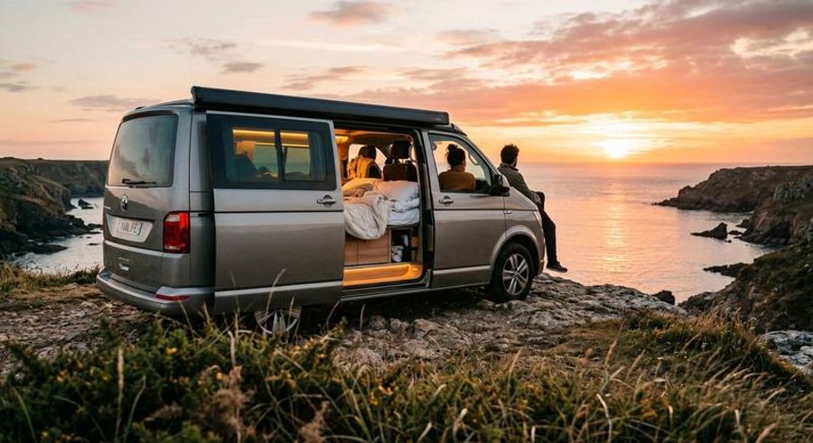 Couple installé au coucher de soleil dans un van aménagé loué en agence, garé face à l