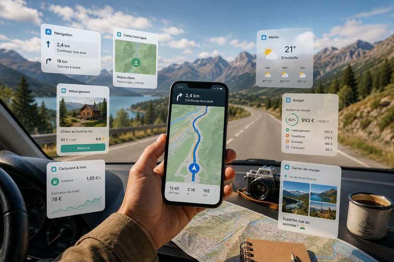 Application mobile de road trip affichant la navigation GPS, la météo, le budget du voyage et les recommandations d'hébergement, tenue en main dans une voiture face à un paysage de montagne