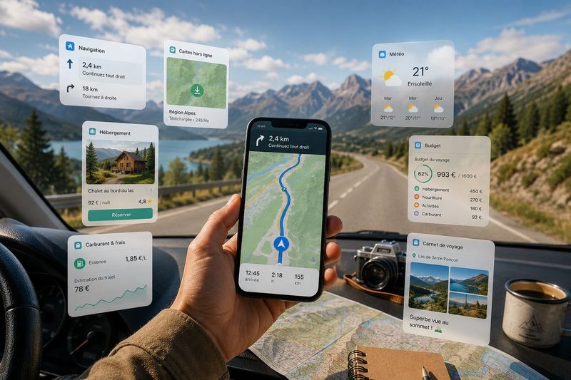 Application mobile de road trip affichant la navigation GPS, la météo, le budget du voyage et les recommandations d'hébergement, tenue en main dans une voiture face à un paysage de montagne