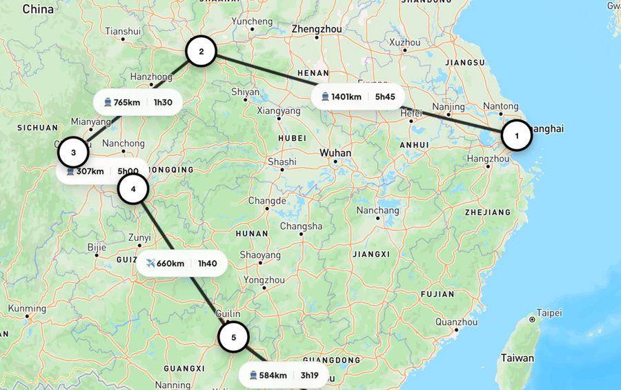 Carte d'itinéraire dans LBRT Planner avec les distances et durées calculées entre chaque étape