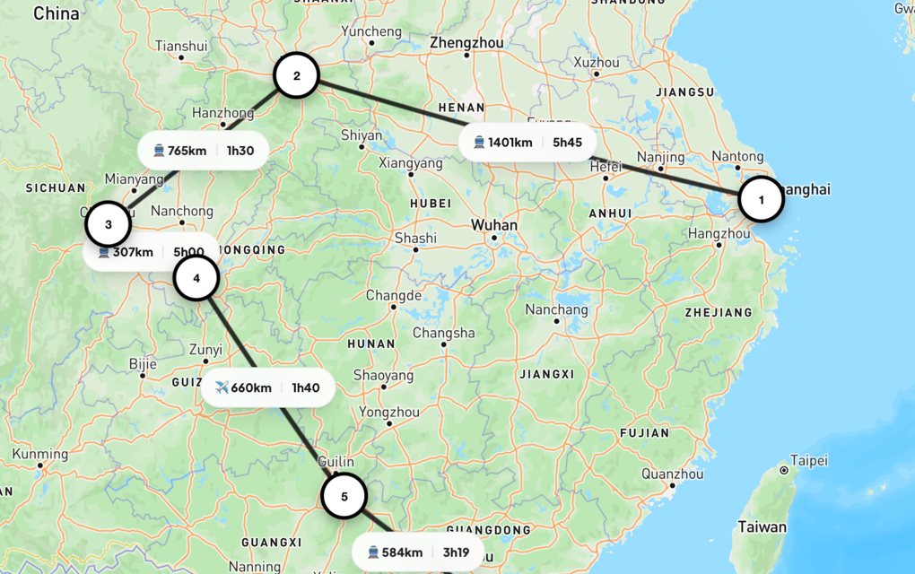 Carte d'itinéraire dans LBRT Planner avec les distances et durées calculées entre chaque étape