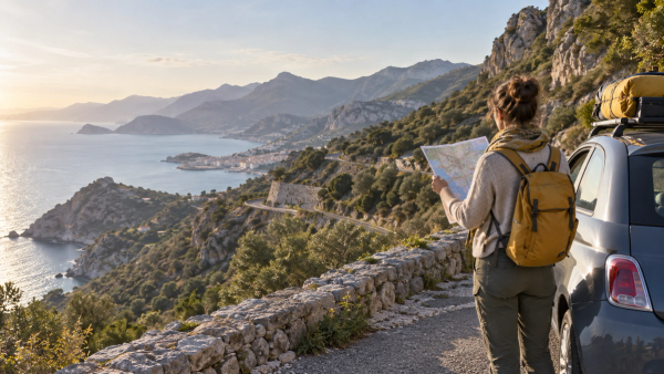 Voyageuse consultant une carte près de sa voiture, au départ d’un road trip sur une route côtière