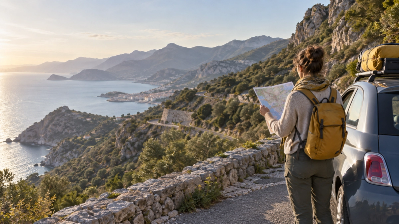 Voyageuse consultant une carte près de sa voiture, au départ d’un road trip sur une route côtière