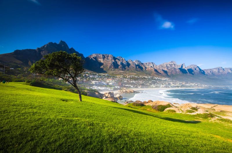 Paysage de Cape Town en Afrique du Sud avec une vue sur les montagnes, une étendue d'herbe verte et l'océan en arrière-plan, sous un ciel bleu clair.