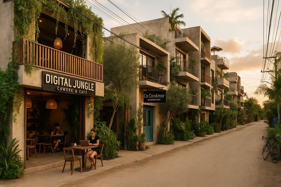 Façade végétalisée d’un café coworking nommé "Digital Jungle" dans une rue paisible bordée de bâtiments modernes à Tulum.