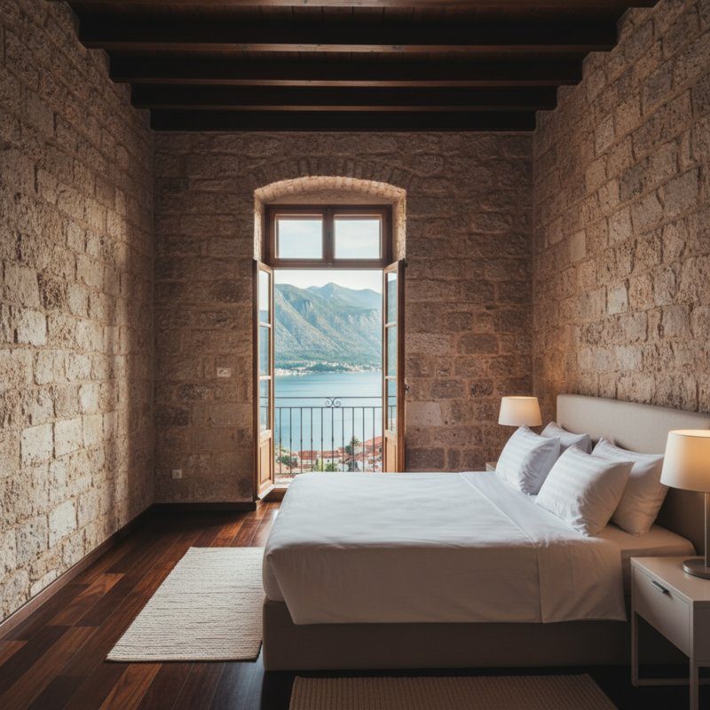 Chambre d’hôtel en pierre avec lit double et vue panoramique sur la baie de Kotor et les montagnes du Monténégro