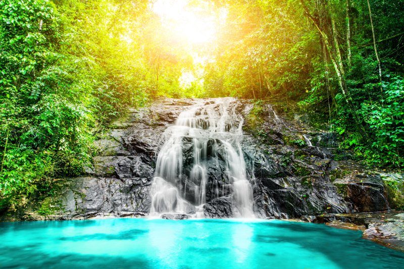 Cascades de Khao Lak entourées par une végétation tropicale luxuriante.