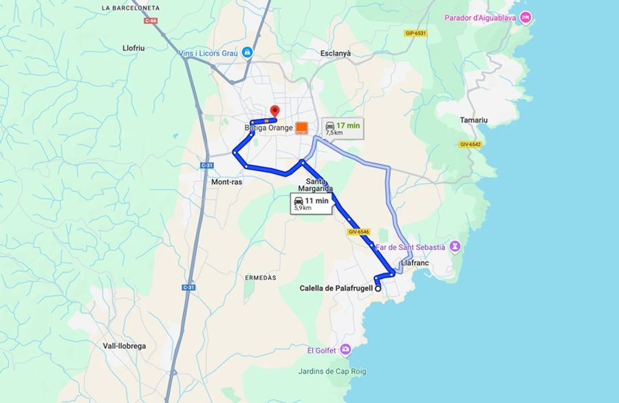 Carte routière montrant les itinéraires autour de Calella de Palafrugell.