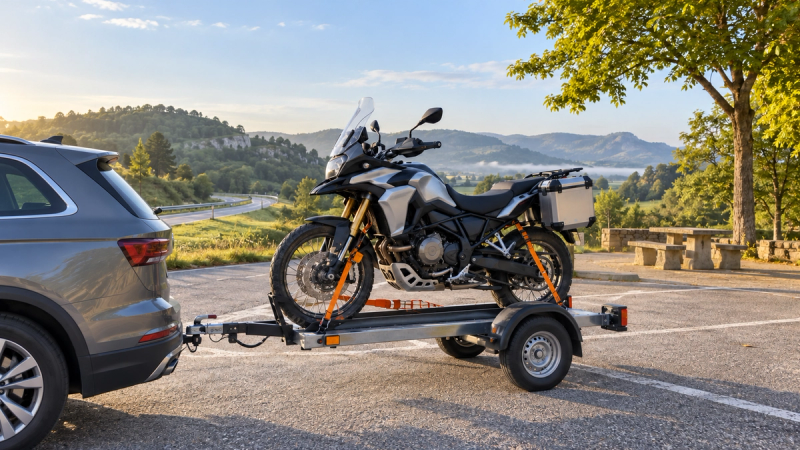Moto sanglée sur une remorque attelée à une voiture avant un road trip