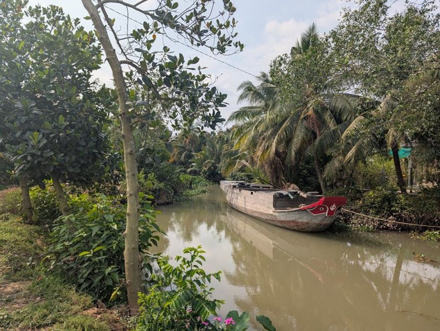 Bateau traditionnel amarré le long d’un canal bordé de cocotiers dans les vergers d’An Binh à Vinh Long.