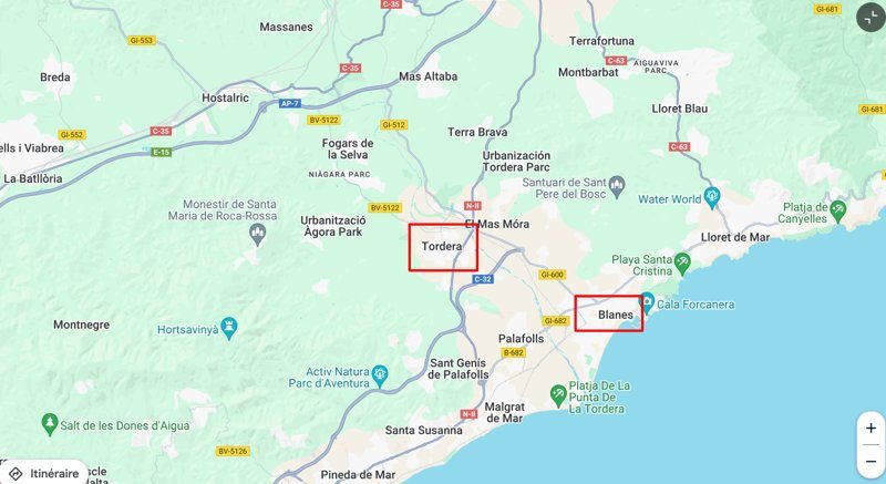 Carte géographique montrant la localisation de Tordera et Blanes en Espagne.