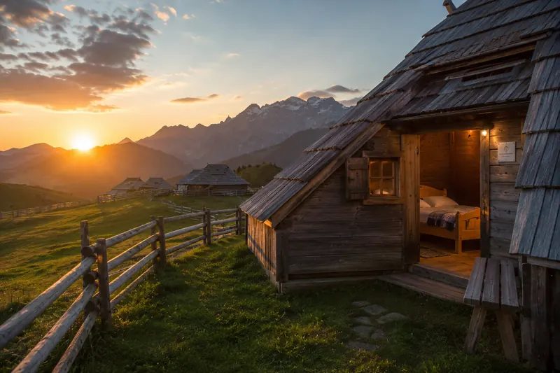Chalet traditionnel à Velika Planina en Slovénie au coucher du soleil avec vue sur les montagnes alpines.