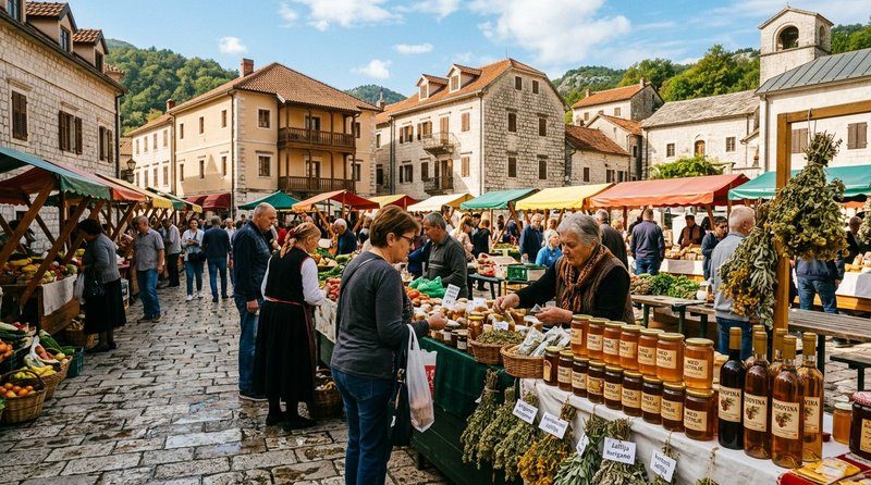 Marché en plein air sur la place de Cetinje – stands de miel, herbes et produits locaux monténégrins