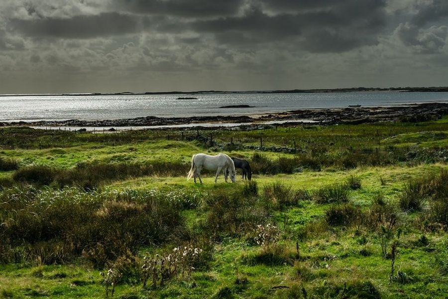 Paysage impressionnant du Parc National du Connemara avec ses lacs et ses montagnes sous un ciel dramatique.