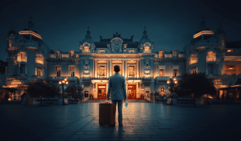 Un homme en costume tenant une valise fait face à un palais majestueux illuminé la nuit, créant une scène élégante et cinématographique.