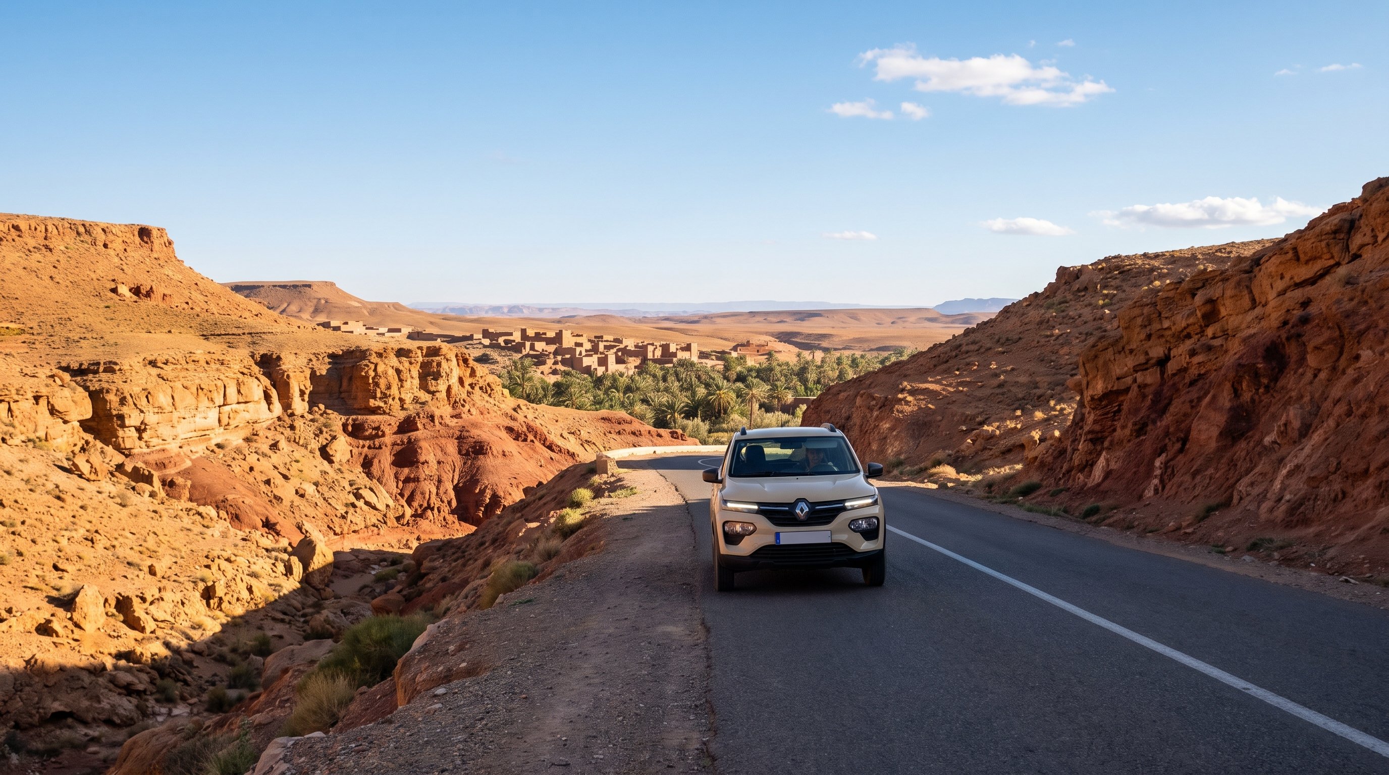 Voiture de location claire sur une route goudronnée sinueuse du Haut Atlas, entre falaises rouges et palmeraie, sur la route du Sahara au Maroc