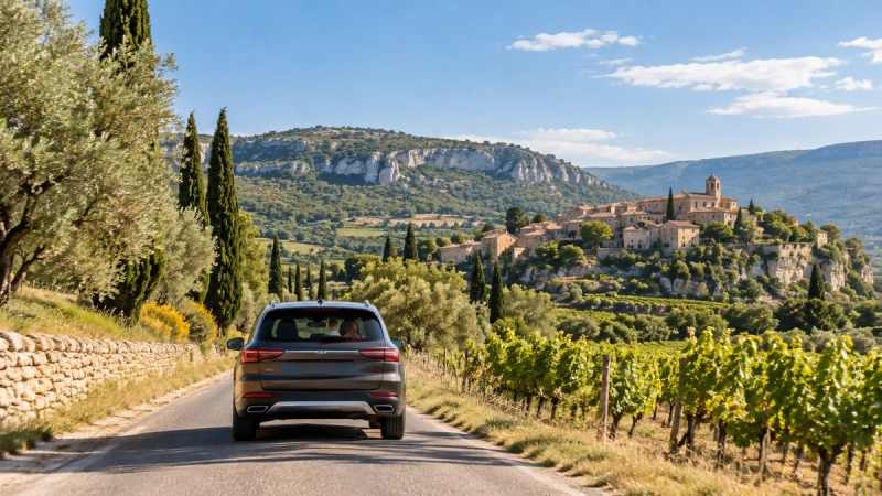 Voiture familiale sur une route du Vaucluse entre vignes, cyprès et village perché.