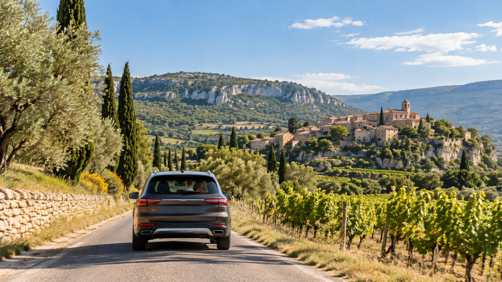 Voiture familiale sur une route du Vaucluse entre vignes, cyprès et village perché.