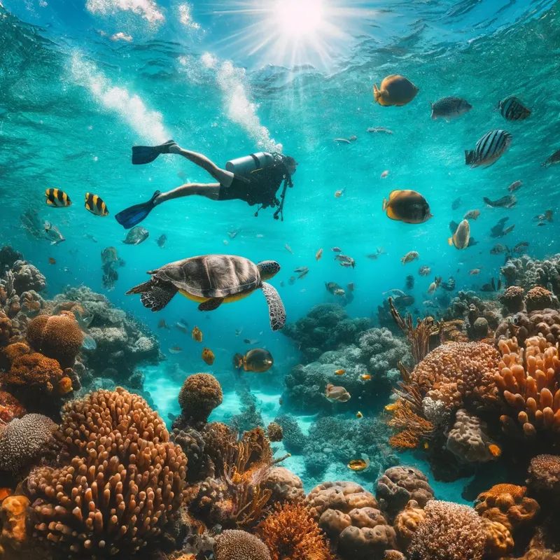 Un plongeur au milieu de poissons et tortue