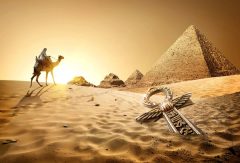 Pyramides de Gizeh dans le désert égyptien avec un dromadaire au premier plan